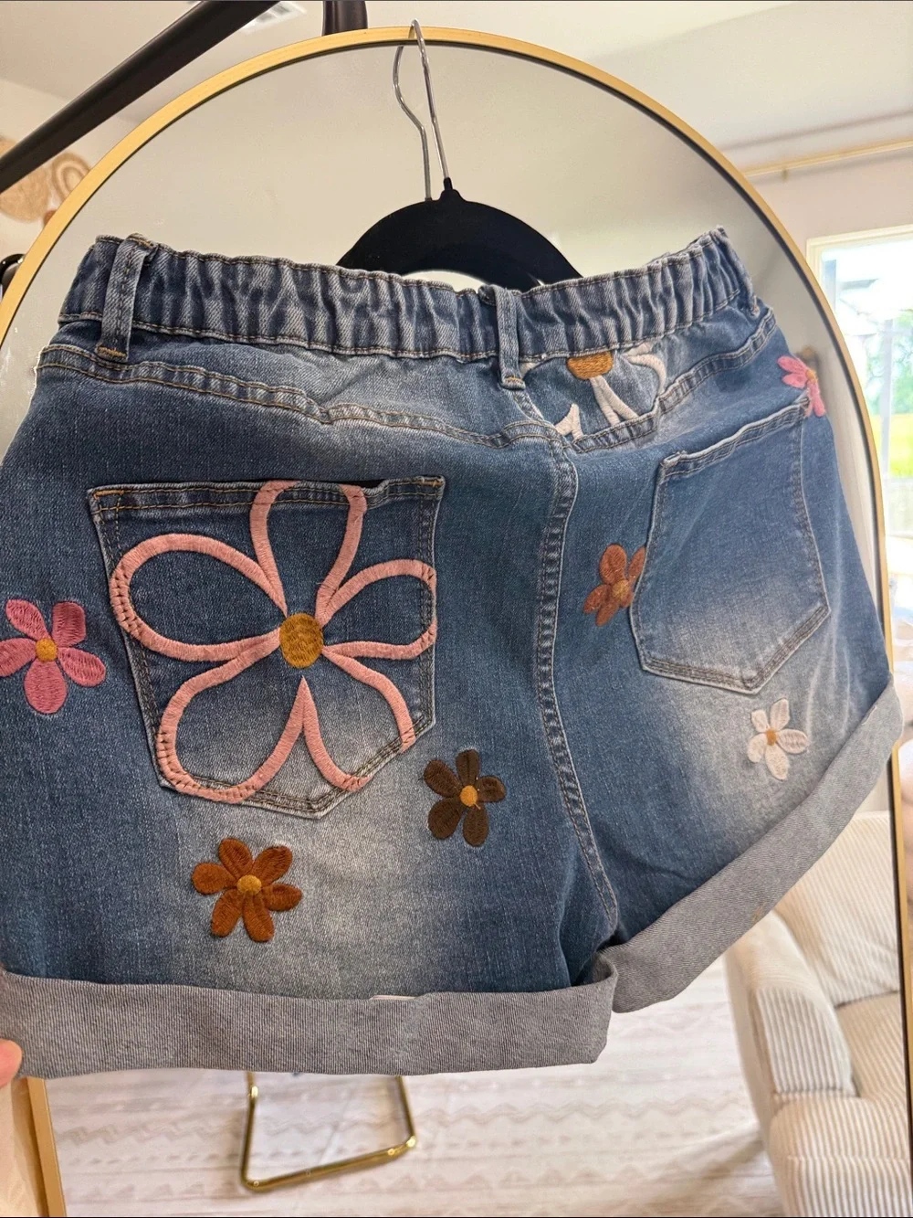 Embroidered Floral Denim Shorts in Blue